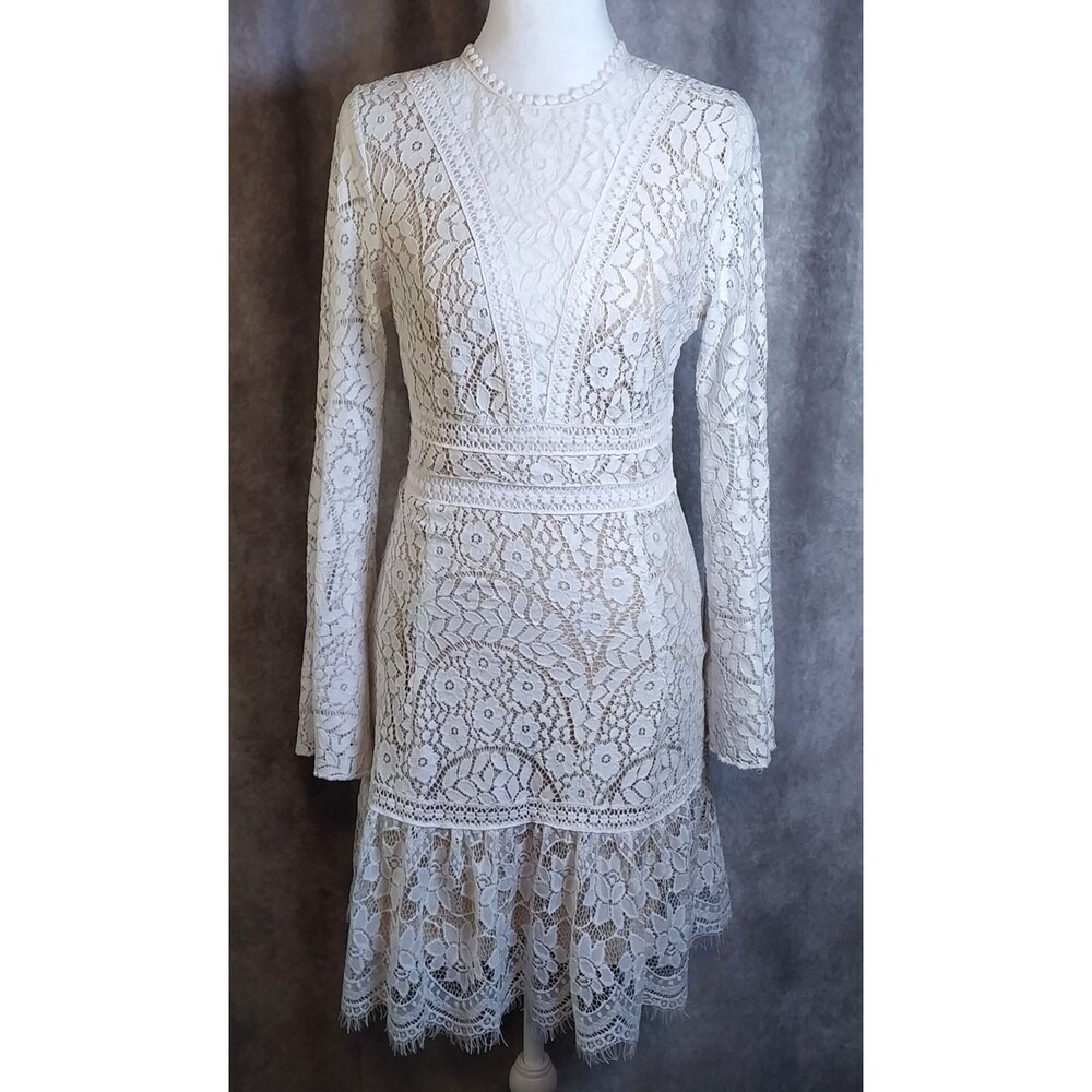 Blue B Collection Small White Lace Long Sleeve Boho Midi Dress Nude Lining